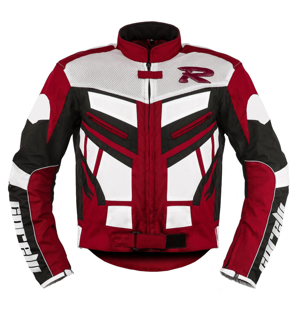 OLYMP RED MOTORCYCLE RACING TEXTILE JACKET, CE PROTECTED, protectors, inner lining, front photo