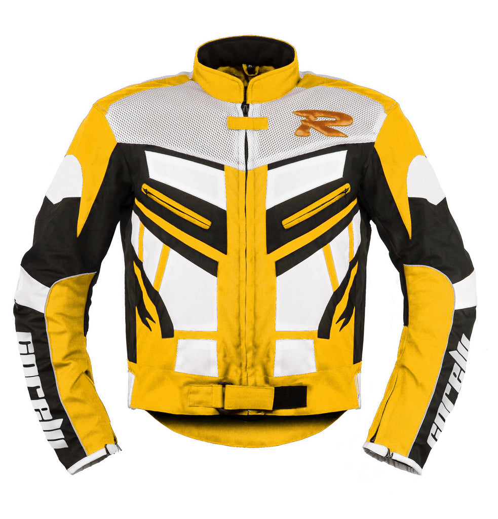 OLYMP YELLOW MOTORCYCLE RACING TEXTILE JACKET, MESH, ce protectors, protected, inner lining, front photo