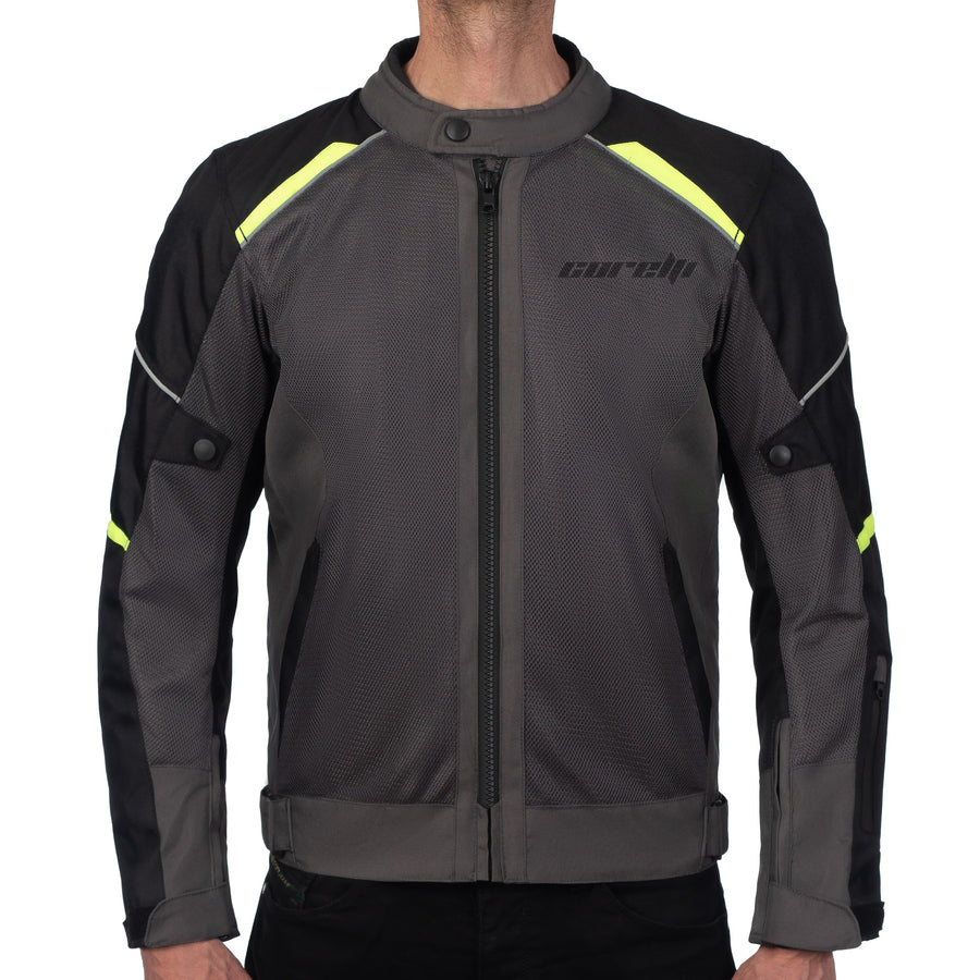 INFINITY GREY MOTORCYCLE MESH TEXTILE JACKET, ce protectors, textile, polyester, inner lining, pockets, ce protectors, protected, front photo