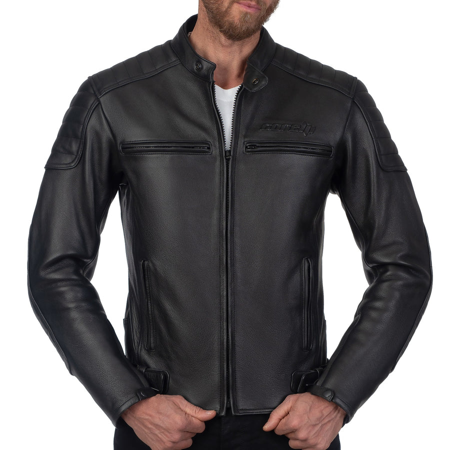 CHALLENGER BLACK MOTORCYCLE LEATHER JACKET, cowhide leather, ce protectors, protected, front photo