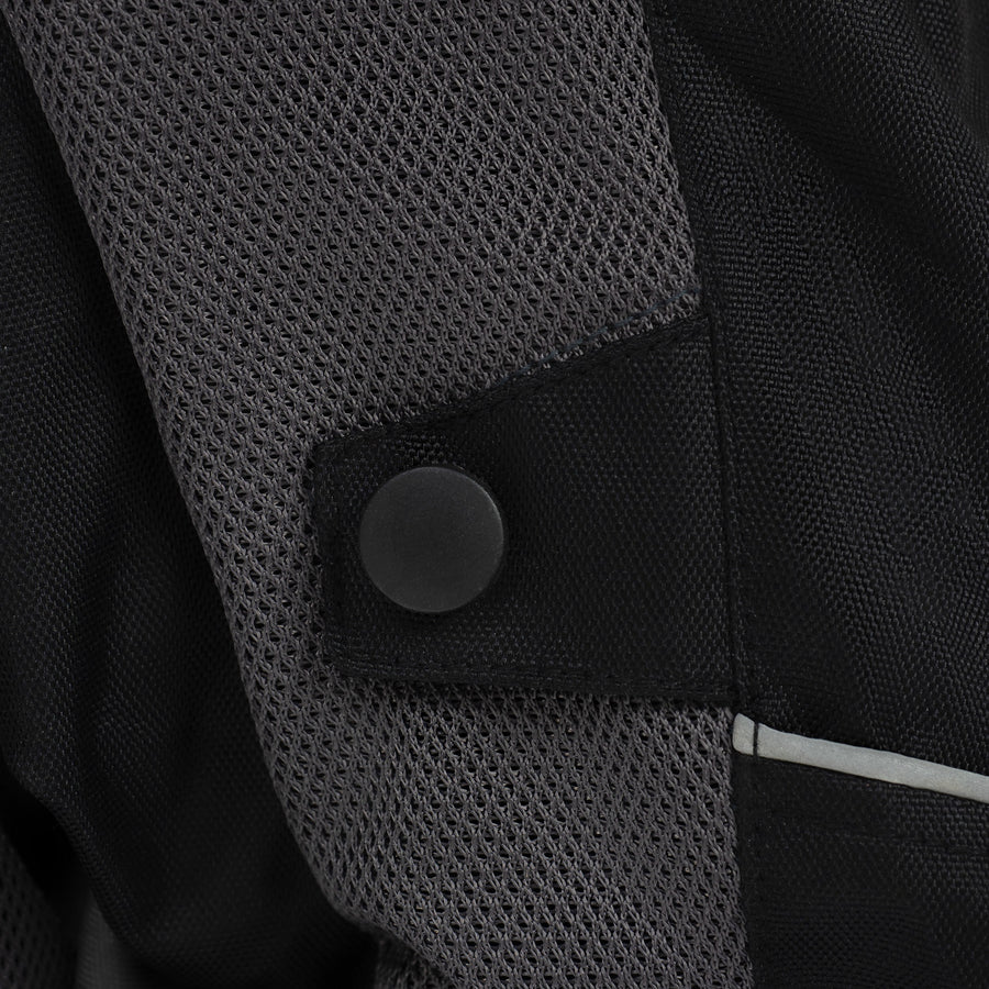 INFINITY GREY MOTORCYCLE MESH TEXTILE JACKET, ce protectors, textile, polyester, inner lining, pockets, ce protectors, protected, close-up photo