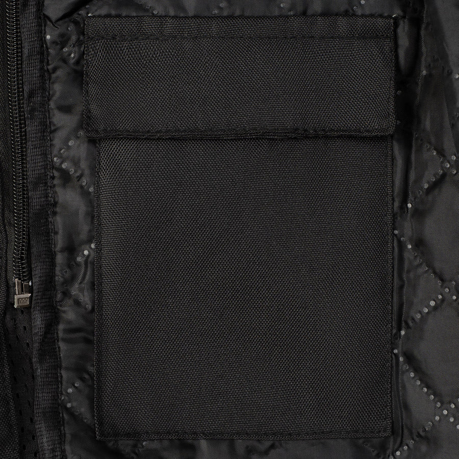 INFINITY GREY MOTORCYCLE MESH TEXTILE JACKET, ce protectors, textile, polyester, inner lining, pockets, ce protectors, protected, close-up photo