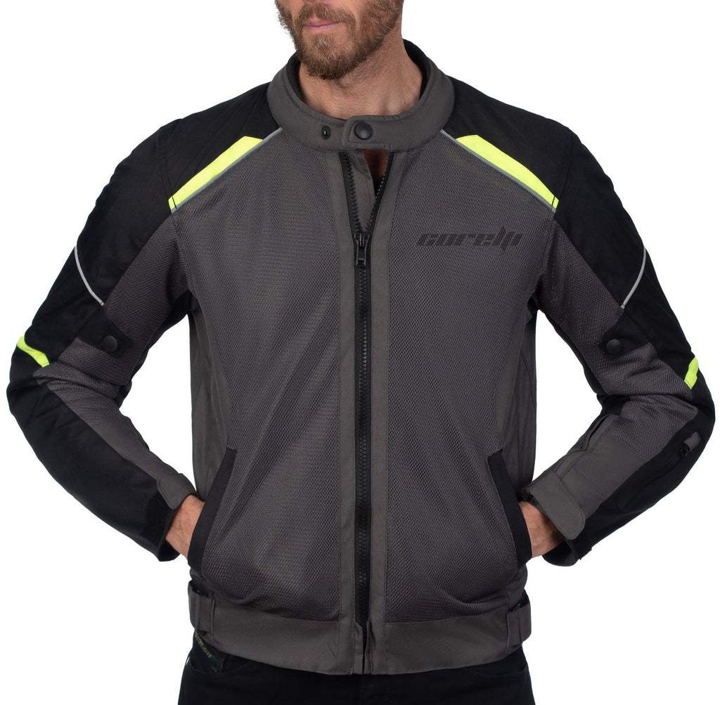 INFINITY GREY MOTORCYCLE MESH TEXTILE JACKET, ce protectors, textile, polyester, inner lining, pockets, ce protectors, protected, front photo