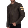 SOHO RETRO BROWN MOTORCYCLE LEATHER JACKET, cowhide leather, ce protectors, protected, inner lining, side photo