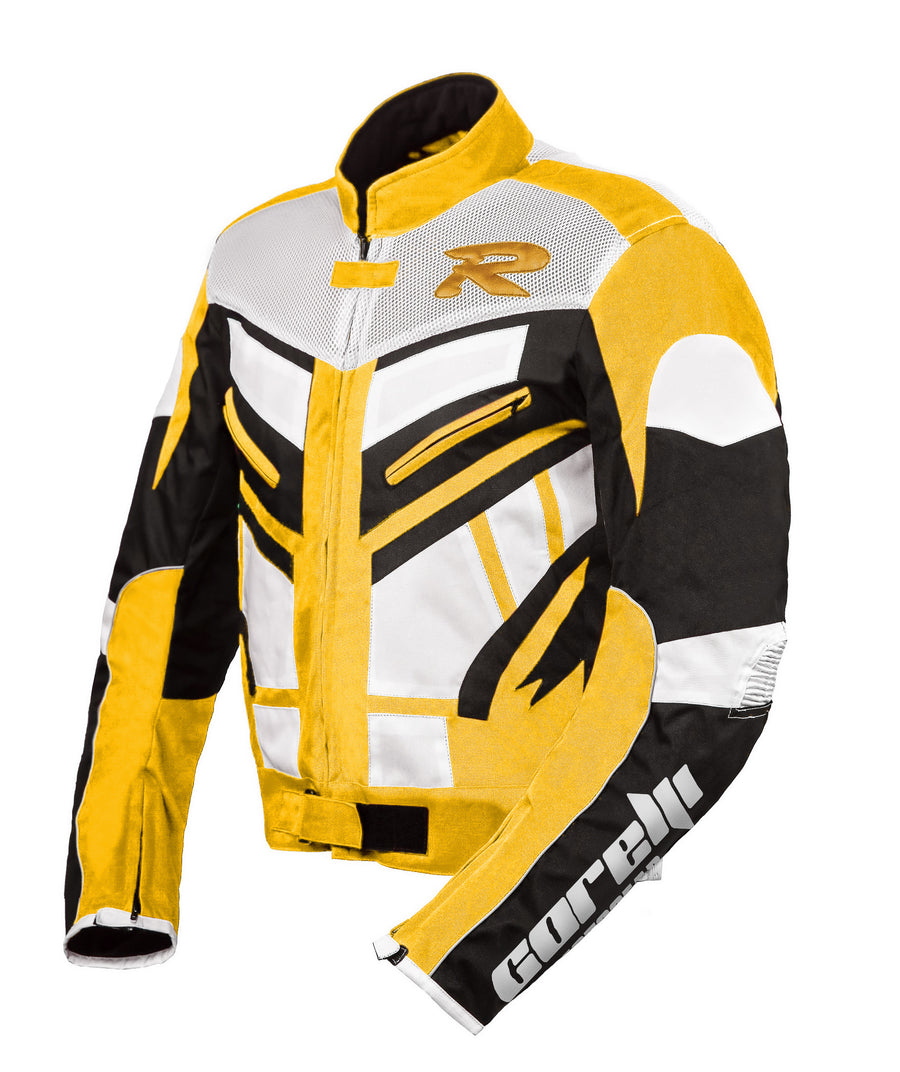 OLYMP YELLOW MOTORCYCLE RACING TEXTILE JACKET, MESH, ce protectors, protected, inner lining, side photo