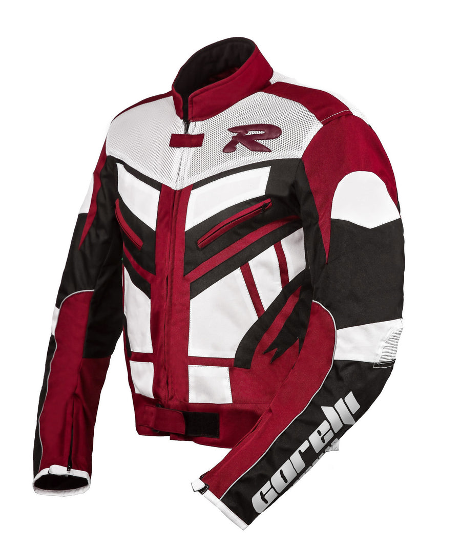 OLYMP RED MOTORCYCLE RACING TEXTILE JACKET, CE PROTECTED, protectors, inner lining, side photo