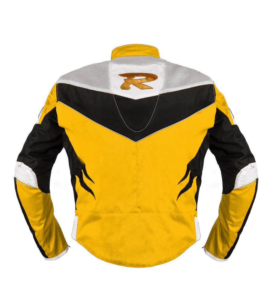 OLYMP YELLOW MOTORCYCLE RACING TEXTILE JACKET, MESH, ce protectors, protected, inner lining, back photo