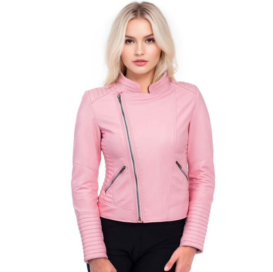 ROSA ARMORED WOMEN'S MOTORCYCLE PINK LEATHER JACKET