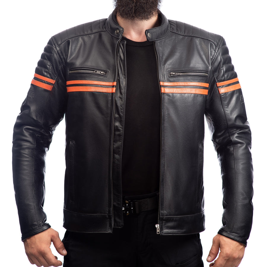 METROPOLIS BIKER LEATHER JACKET WITH ORANGE STRIPES, ce protected, protectors, inner lining, pockets, opened photo