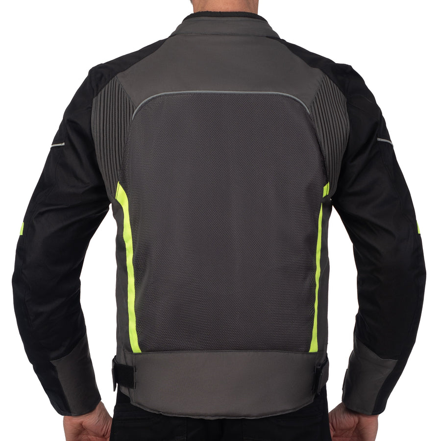 INFINITY GREY MOTORCYCLE MESH TEXTILE JACKET, ce protectors, textile, polyester, inner lining, pockets, ce protectors, protected, back photo