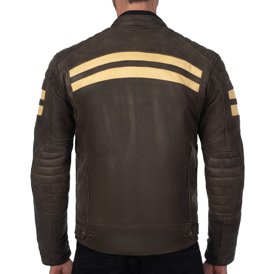 SOHO RETRO BROWN MOTORCYCLE LEATHER JACKET, cowhide leather, ce protectors, protected, inner lining, back photo