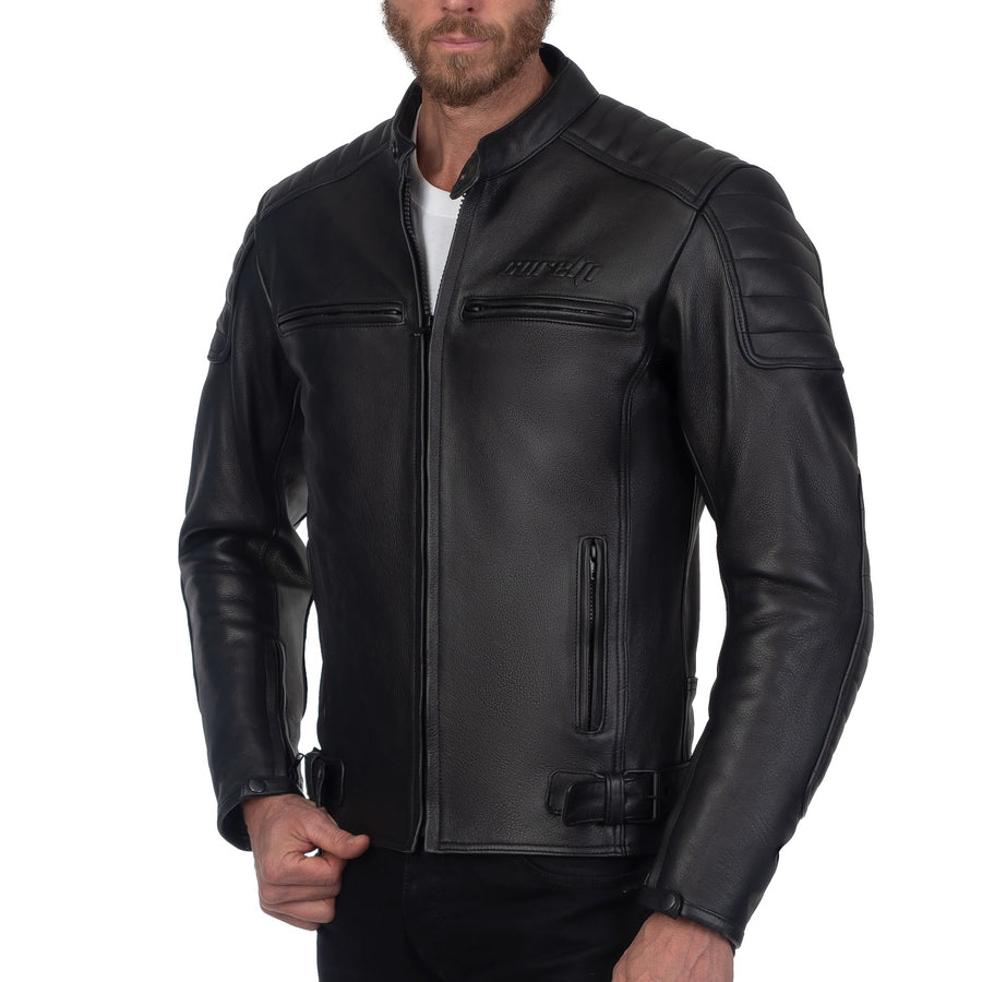 CHALLENGER BLACK MOTORCYCLE LEATHER JACKET, cowhide leather, ce protectors, protected, side photo