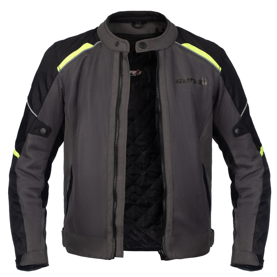 INFINITY GREY MOTORCYCLE MESH TEXTILE JACKET, ce protectors, textile, polyester, inner lining, pockets, ce protectors, protected, front photo