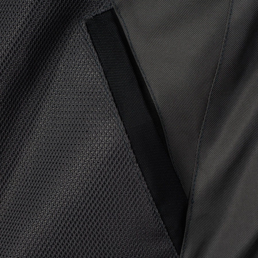 INFINITY GREY MOTORCYCLE MESH TEXTILE JACKET, ce protectors, textile, polyester, inner lining, pockets, ce protectors, protected, close-up photo