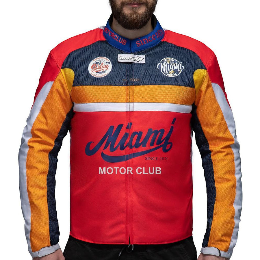 Corelli MG Miami racing team motoros textil védett kabát, kivehető CE protektorok, háló, cordura, kivehető belső bélés, kék, piros, narancs, YKK cipzár, zseb, elöl fotó