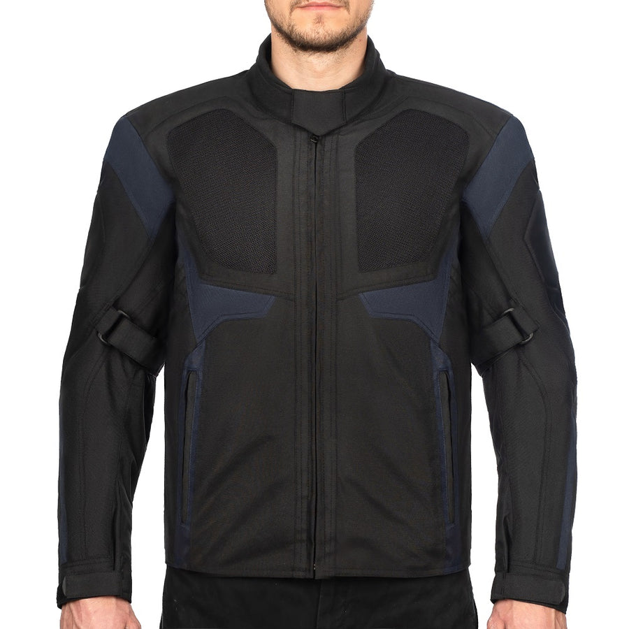 Corelli MG Rakéta kék fekete motoros textil dzseki, háló, cordura verseny, YKK cipzár, kivehető CE protektorok, kivehető belső bélés, zsebek, modell fotó
