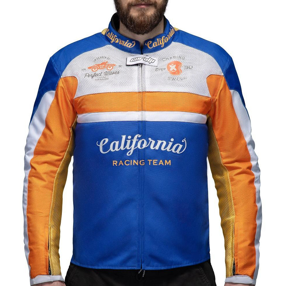 Corelli MG Kaliforniai racing team motoros textil védett kabát, kivehető CE protektorok, háló, cordura, kivehető belső bélés, kék, fehér, narancs, YKK cipzár, zseb, elöl fotó