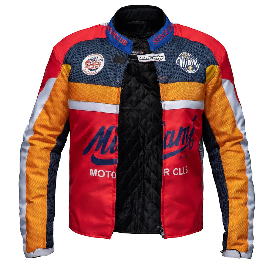 Corelli MG Miami racing team motoros textil védett kabát, kivehető CE protektorok, háló, cordura, kivehető belső bélés, kék, piros, narancs, YKK cipzár, zsebek, nyitott fotó