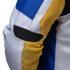 Corelli MG Kaliforniai racing team motoros textil védett kabát, kivehető CE protektorok, háló, cordura, kivehető belső bélés, kék, fehér, narancs, YKK cipzár, zsebek, a közeli képek