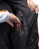Corelli MG Miami racing team motoros textil védett kabát, kivehető CE protektorok, háló, cordura, kivehető belső bélés, kék, piros, narancs, YKK cipzár, zsebek, a közeli képek