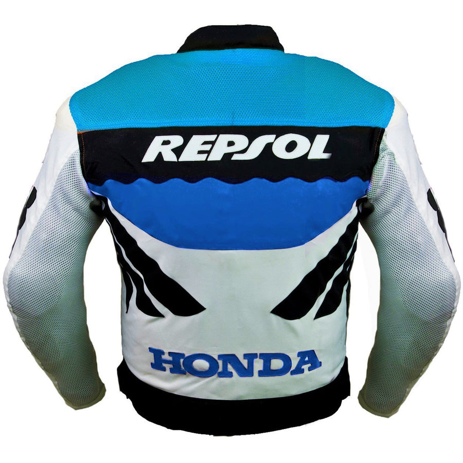 Honda Repsol racing textil kabát (GYŰJTHETŐ), kék, fehér, fekete, kivehető CE protektorok, kivehető belső bélés, valódi marhabőr, YKK cipzár, zsebbel, hátul fotó