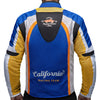Corelli MG Kaliforniai racing team motoros textil védett kabát, kivehető CE protektorok, háló, cordura, kivehető belső bélés, kék, fehér, narancs, YKK cipzár, zsebbel, hátul fotó