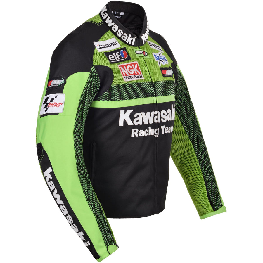 Kawasaki zöld motoros racing team textil kabát (GYŰJTHETŐ), kivehető CE protektorok, kivehető belső bélés, valódi marhabőr, YKK cipzár, zseb, oldal fotó