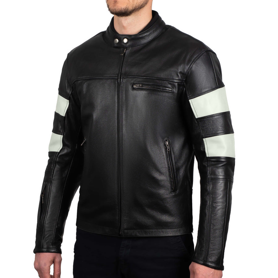 Corelli MG adrenaline black ivory motorcycle racing leather jacket, genuine cowhide leather, removable CE protectors, removable inner lining, pockets, YKK zippers, side photo