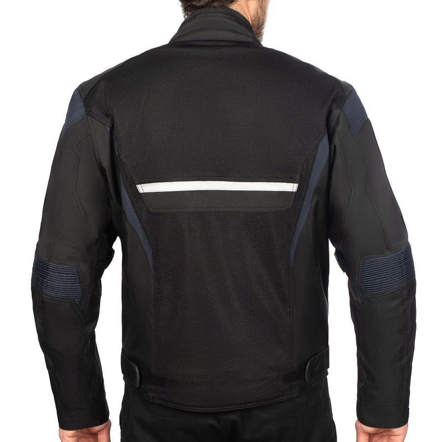 Corelli MG Rakéta kék fekete motoros textil dzseki, háló, cordura verseny, YKK cipzár, kivehető CE protektorok, kivehető belső bélés, zsebbel, hátul fotó