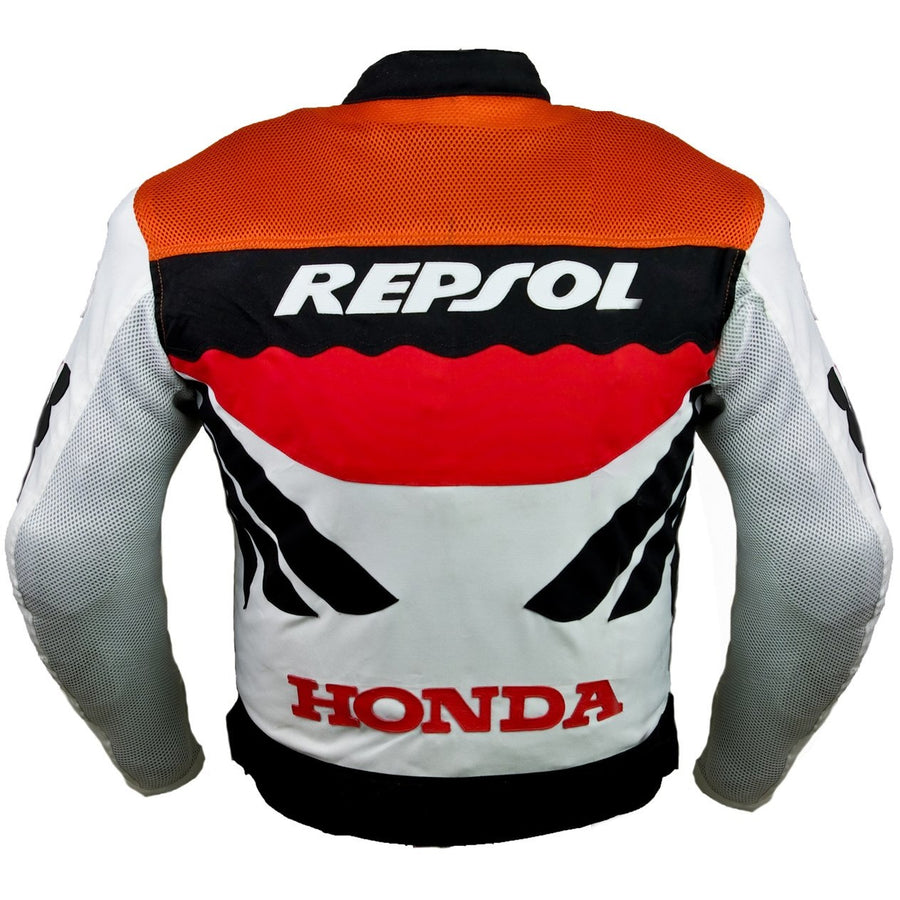 Honda Repsol racing textil kabát (gyűjthető), narancs, fehér, fekete, kivehető CE protektorok, kivehető belső bélés, valódi marhabőr, YKK cipzár, zsebbel, hátul fotó