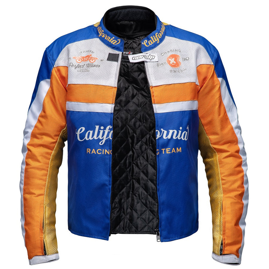 Corelli MG Kaliforniai racing team motoros textil védett kabát, kivehető CE protektorok, háló, cordura, kivehető belső bélés, kék, fehér, narancs, YKK cipzár, zsebek, nyitott fotó