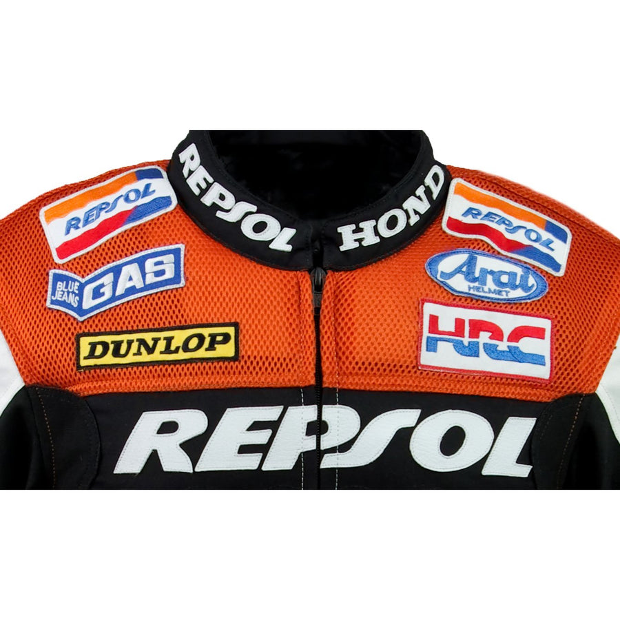Honda Repsol racing textil kabát (gyűjthető), narancs, fehér, fekete, kivehető CE protektorok, kivehető belső bélés, valódi marhabőr, YKK cipzár, zsebek, a közeli képek