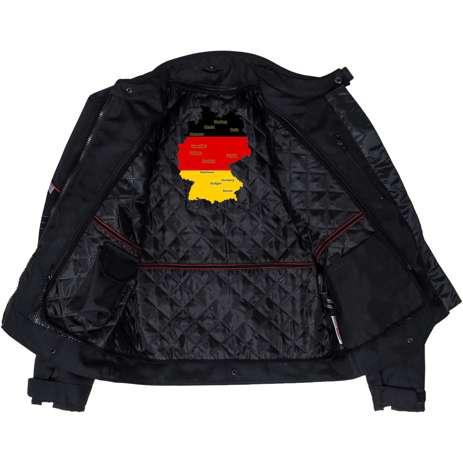 Corelli MG németország (deutschland) motorkerékpár textil kabát, kivehető ce protektorok, kivehető belső bélés, sárga, fekete, piros, cordura, háló, YKK cipzár, belső kép