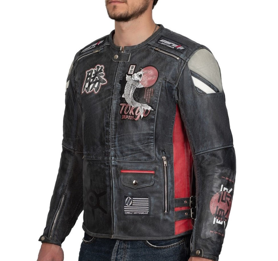 Corelli MG Tokyo Nippon Vintage Fully-Protected Biker Leather Jacket, cowhide leather, CE protectors, perforated leather, motorcycle, side photo
