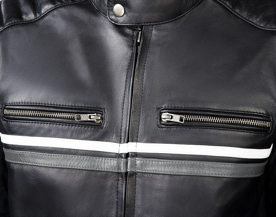 Metropolis Grey Black Motorcycle Leather Jacket, genuine cowhide leather, YKK zippers, removable CE protectors, removable inner lining, close-up photo