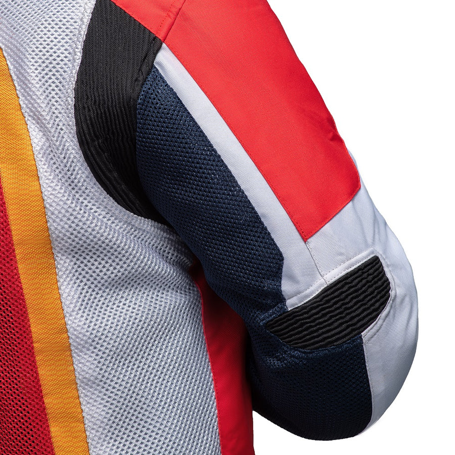 Corelli MG Miami racing team motoros textil védett kabát, kivehető CE protektorok, háló, cordura, kivehető belső bélés, kék, piros, narancs, YKK cipzár, zsebek, a közeli képek