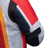 Corelli MG Miami racing team motoros textil védett kabát, kivehető CE protektorok, háló, cordura, kivehető belső bélés, kék, piros, narancs, YKK cipzár, zsebek, a közeli képek