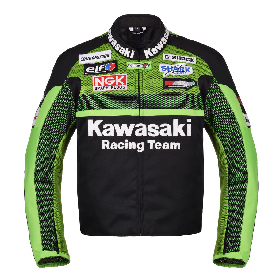 Kawasaki zöld motoros racing team textil kabát (GYŰJTHETŐ), kivehető CE protektorok, kivehető belső bélés, valódi marhabőr, YKK cipzár, zseb, elöl fotó