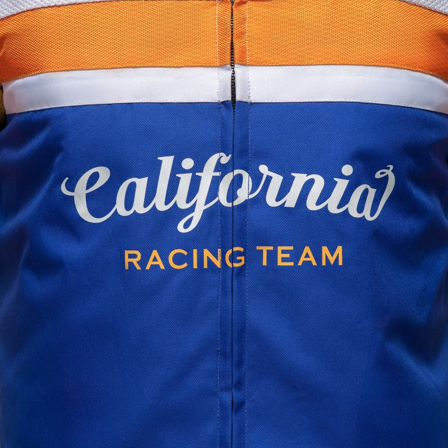 Corelli MG Kaliforniai racing team motoros textil védett kabát, kivehető CE protektorok, háló, cordura, kivehető belső bélés, kék, fehér, narancs, YKK cipzár, zsebek, a közeli képek