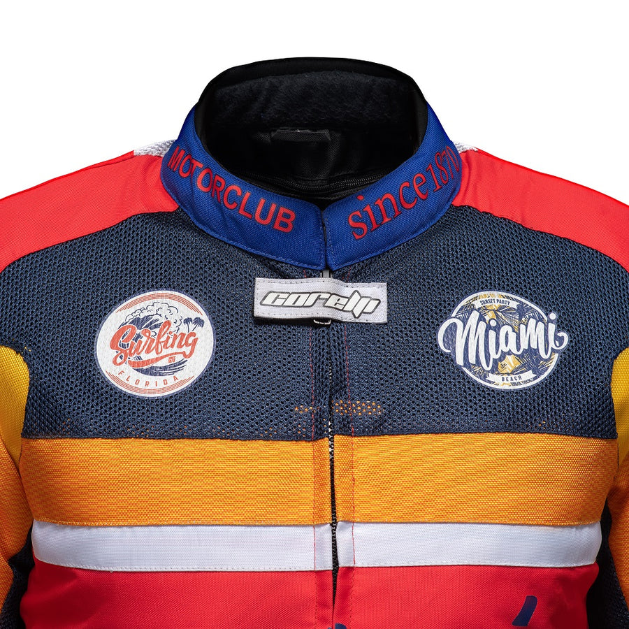 Corelli MG Miami racing team motoros textil védett kabát, kivehető CE protektorok, háló, cordura, kivehető belső bélés, kék, piros, narancs, YKK cipzár, zsebek, a közeli képek