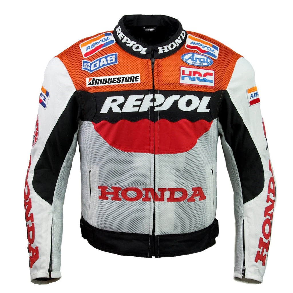 Honda Repsol racing textil kabát (gyűjthető), narancs, fehér, fekete, kivehető CE protektorok, kivehető belső bélés, valódi marhabőr, YKK cipzár, zseb, elöl fotó