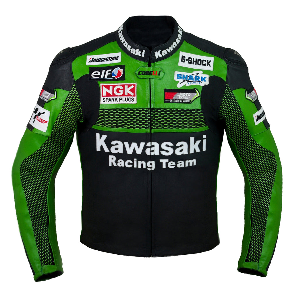 Kawasaki zöld MOTOROS RACING TEAM bőrkabát (NINCS PÚPJA) (GYŰJTHETŐ), kivehető CE protektorok, kivehető belső bélés, valódi marhabőr, YKK cipzár, zseb, elöl fotó